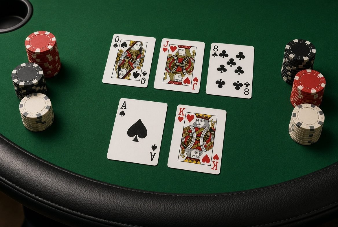 Hold'em felt showing Ace-King hole cards and a Queen-Jack-Eight flop